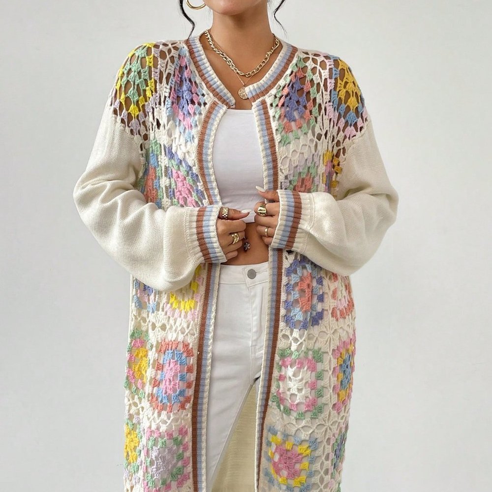 Apricot Casual Womens Geo Pattern Drop Shoulder Open Front Cardigan - Picture 4 of 5